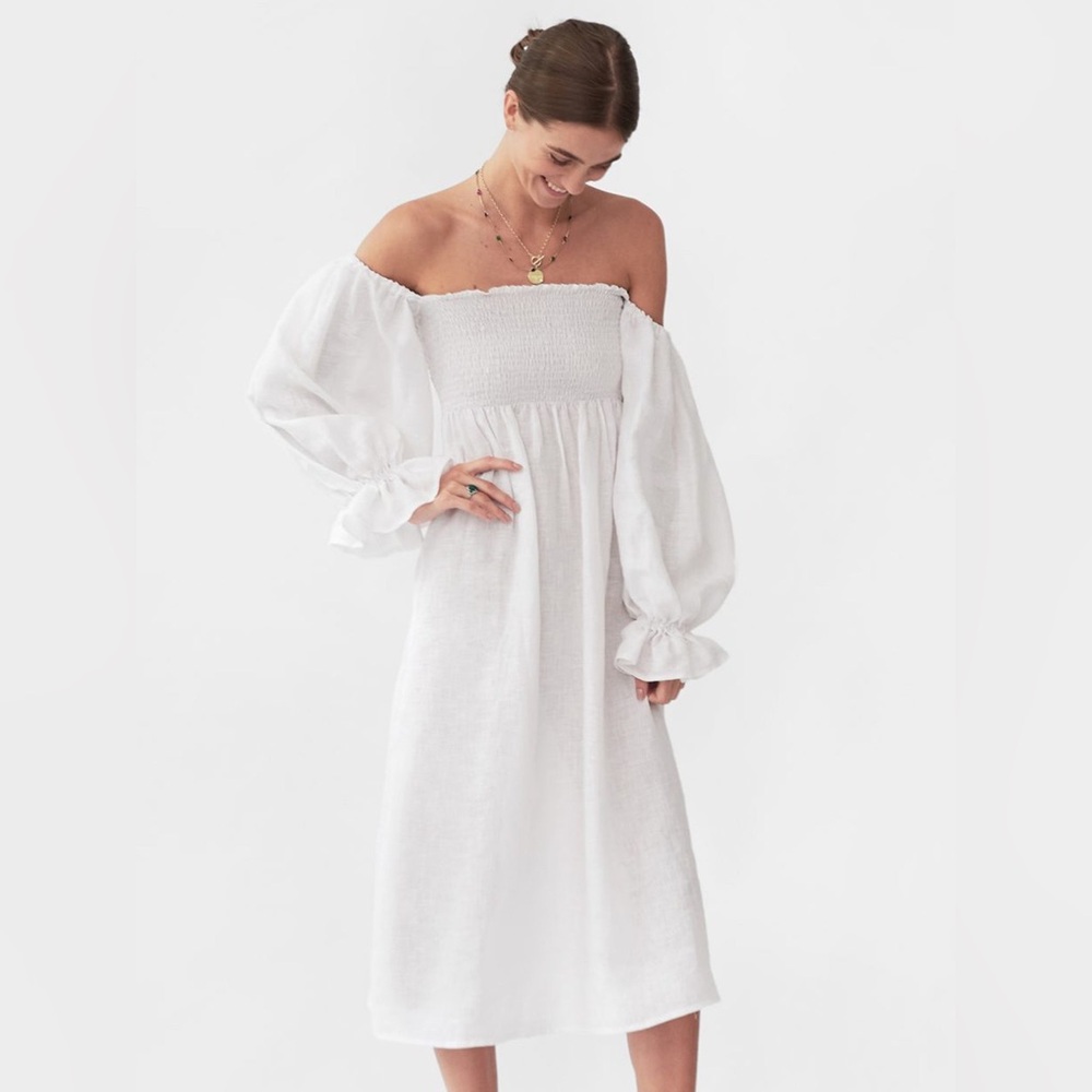 NEW Sleeper Atlanta Linen Dress Off-Shoulder White Puff Sleeve w/ Bow size L - Picture 4 of 14